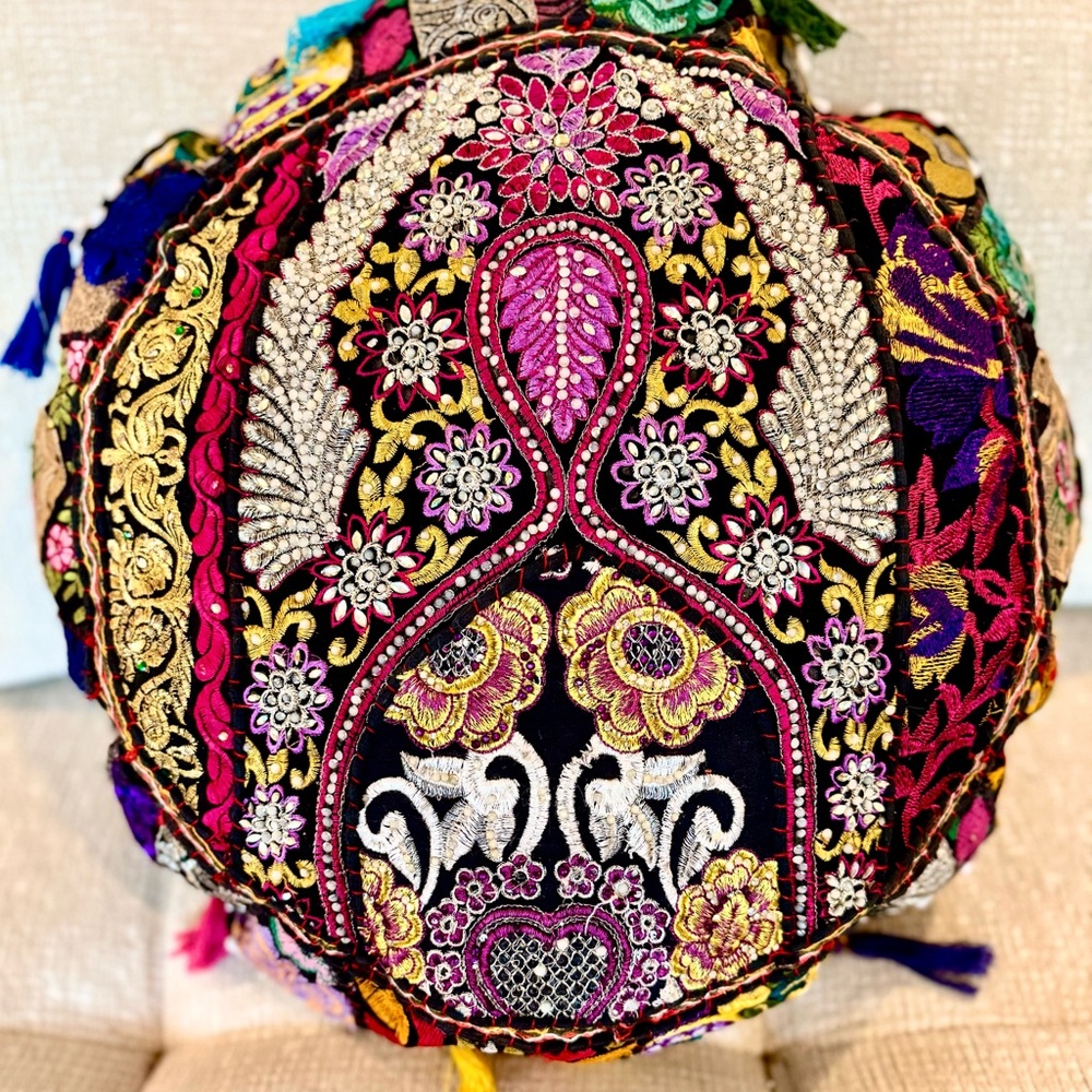 Eyes of India - Handmade Embroidered & Beaded Boho Accent Pillow - Multicolor